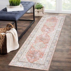 Vintage Floral Distressed Printed Area Rug Machine Washable Non Slip Stain Resistant Bodered Low Pile Ultra Thin Pet Friendly Carpet - 1 of 4