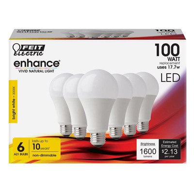 Feit Electric Enhance A21 E26 (Medium) LED Bulb Bright White 100 Watt Equivalence 6 pk