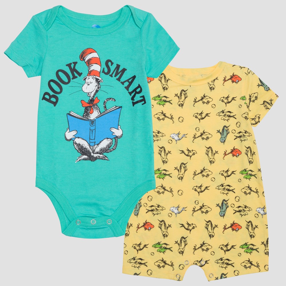 Baby Boys' Dr. Seuss 2pk Short Sleeve Bodysuits - Yellow/Aqua 12M, Blue Yellow