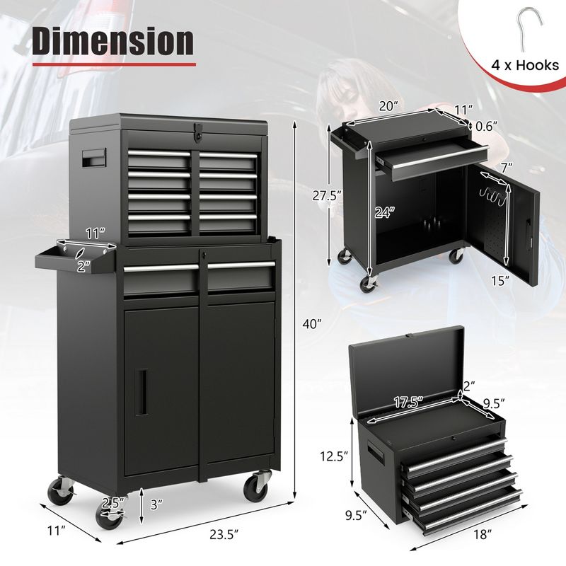 2 in 1 Tool Chest & Cabinet with 5 Sliding Drawers Rolling Garage Organizer, 3 of 11