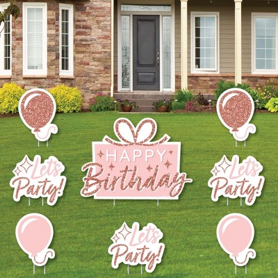 Big Dot of Happiness Pink Rose Gold Birthday - Yard Sign and Outdoor Lawn Decorations - Happy Birthday Party Yard Signs - Set of 8