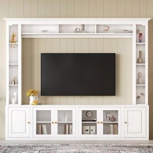 TIRAMISUBEST 92" 4-Piece Modern Entertainment Wall Unit Tempered Glass Door TV Stand Adjustable Shelves Bookshelves All-in-1 Media Console, White - 1 of 4