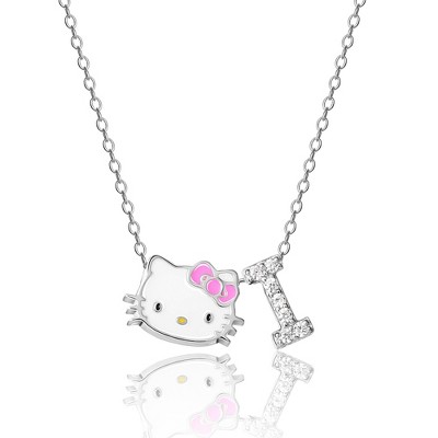 Hello Kitty Women's Enamel Hello Kitty and Sliding Pave Initial Necklace