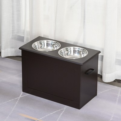 Dark Brown Elevated Pet Feeder with Stainless Steel Bowls