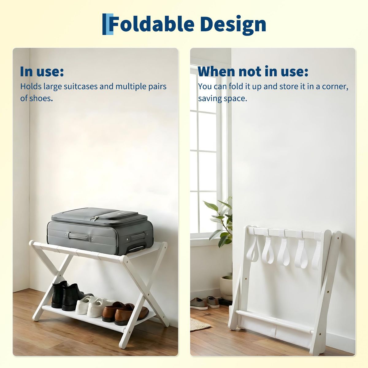 2-Pack Folding Bamboo Luggage Rack with Storage Shelf, Suitcase Stand with Nylon Straps, 110 lb Capacity for Bedroom, Hotel, Living Room, White - thumbnail 5