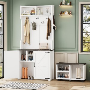 TIRAMISUBEST Farmhouse Barn Doors 4-in-1 Hall Tree with 7 Hanging Hooks, Shoe Storage Cabinet with Movable Bench - 1 of 4