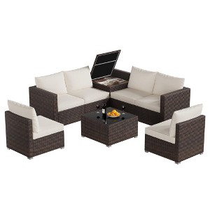 8 Pieces Outdoor Wicker Rattan Patio Furniture Sectional Set, Conversation Sets with Glass Table and Hidden Storage, Brown Rattan with Beige Cushion - 1 of 4