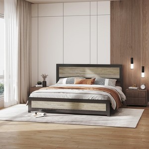 Full Size Bed Frame with Charging Station, Industrial Design Platform Bed Frame with Headboard and Metal Slated Frame - 1 of 4