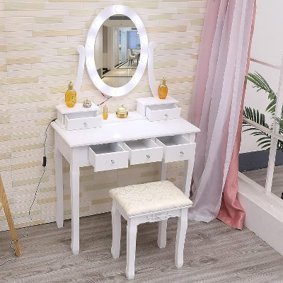Lighted Makeup Vanity Set with Stool & 5 Drawers - Dressing Table for Girls & Women, Kids Bedroom