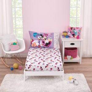 Disney Minnie Mouse Let's Party Pink, Lavender, and White 2 Piece Toddler Sheet Set - Fitted Bottom Sheet and Reversible Pillowcase - 1 of 4