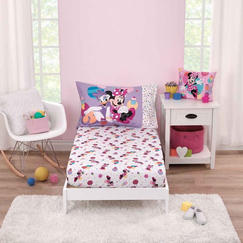 Disney Minnie Mouse Let's Party Pink, Lavender, and White 2 Piece Toddler Sheet Set - Fitted Bottom Sheet and Reversible Pillowcase, 1 of 7