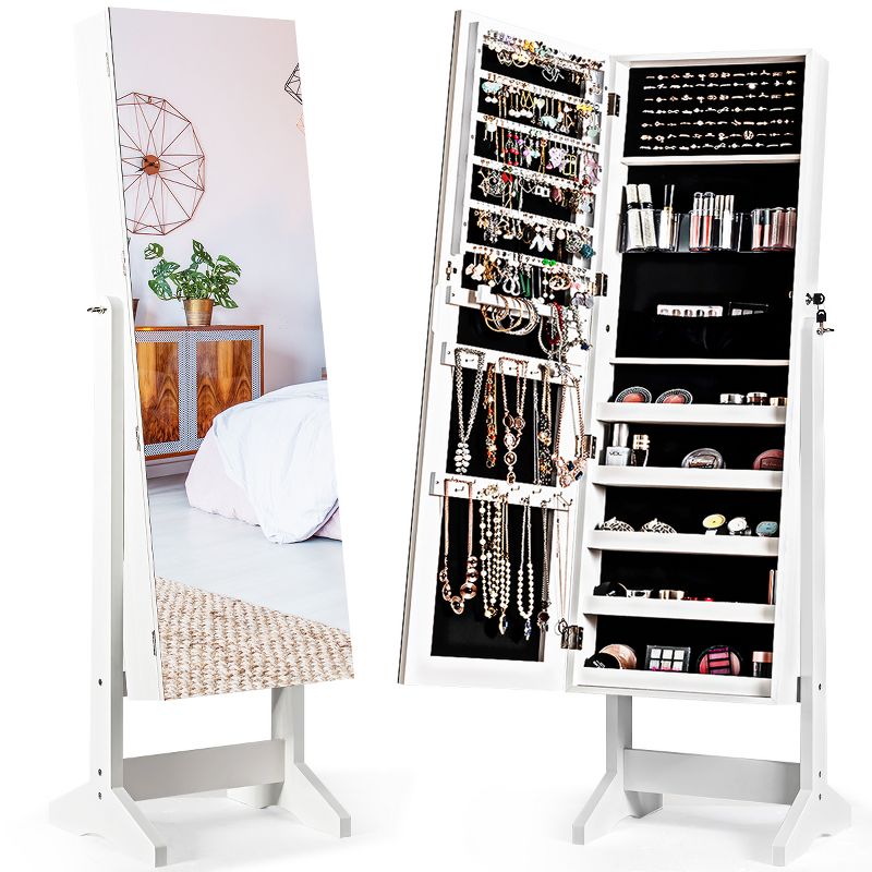 Costway Jewelry Cabinet Stand Armoire Box Lockable Organizer w/ Full Screen Mirror White\Brown, 1 of 11