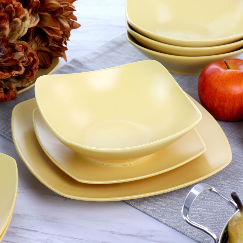 Gibson Home Zen Buffetware 12 Piece Square Fine Ceramic Dinnerware Set in Matte Yellow, 3 of 8