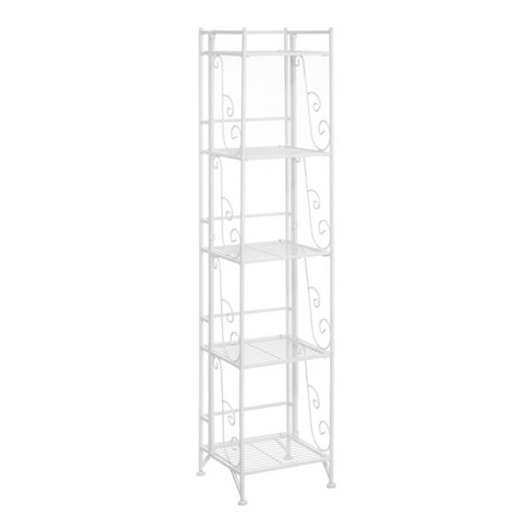 (White) 5 Tier Metal Folding Storage Shelf With Wheels