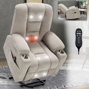 Gray Chenille Large Power Lift Recliner Chair with Massage and Heat 2 Steel Cup Holders for Elderly - 1 of 4