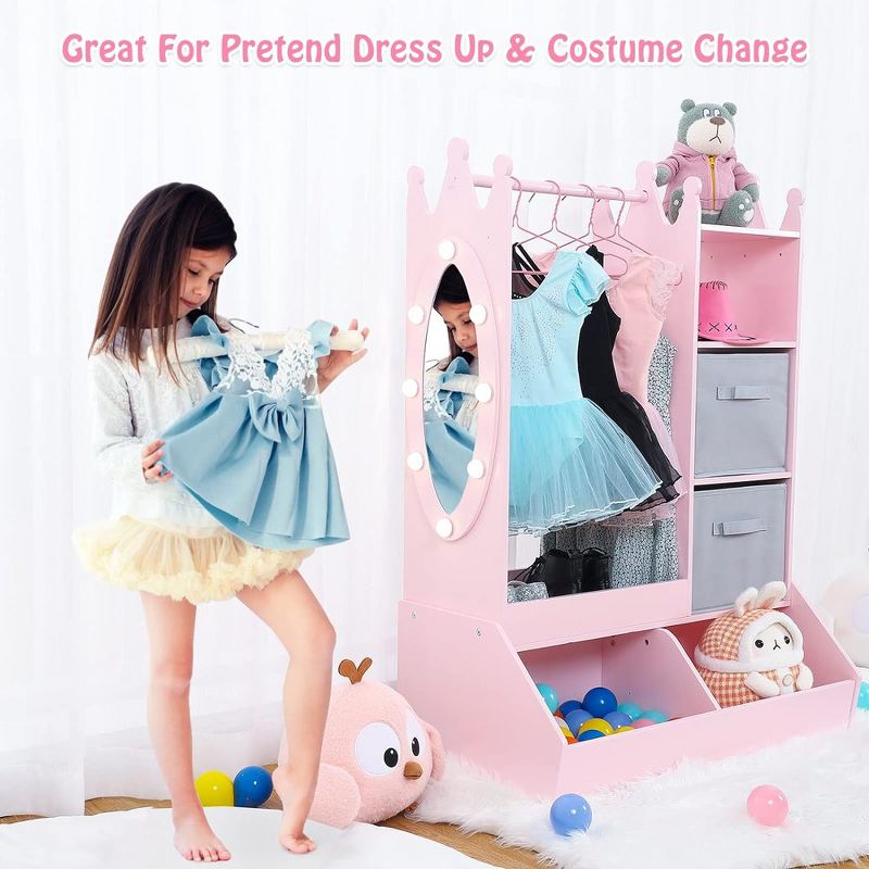 Kid Clothes Hanger with Lighted Mirror Girl Dress-Up Storage Armoire Clothing Rack and Storage Bin, 4 of 7