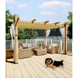 TROPOW  Outdoor Aluminum Pergola, Heavy-Duty Woodgrain Patio Pergola with Retractable Canopy Sun Shade & Side Mesh Curtain, Metal Gazebo - 1 of 4
