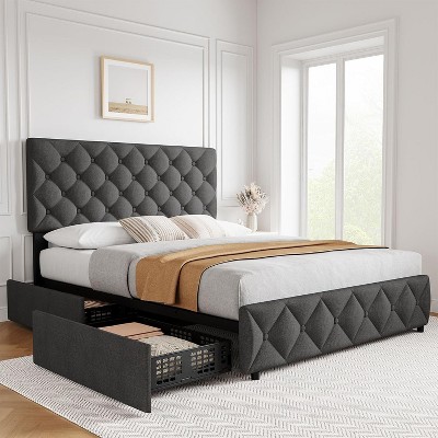 Queen Bed Frame with Headboard Adjustable, Linen Upholstered Size Platform Bed Frame with 4 Drawers, Wooden Slats Supports