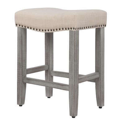 Modern Farmhouse 24" Beige Wood Saddle Seat Counter Stools - Set of 2