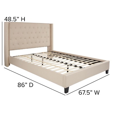 Elegant Beige Queen Platform Bed with Tufted Headboard and Nailhead Trim
