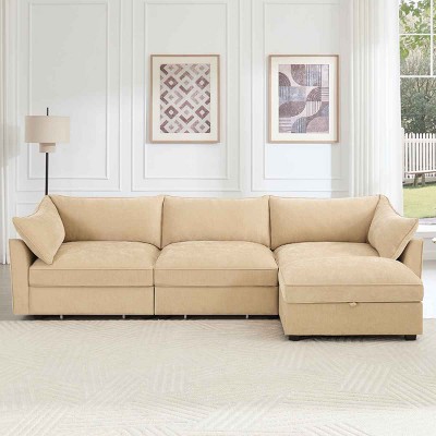 L-Shaped Sectional Sofa with Footstool, 3-Seater Sofa with Pull-Out Storage Drawers, Upholstered Chenille Sofa with Cushion-Coolbibila