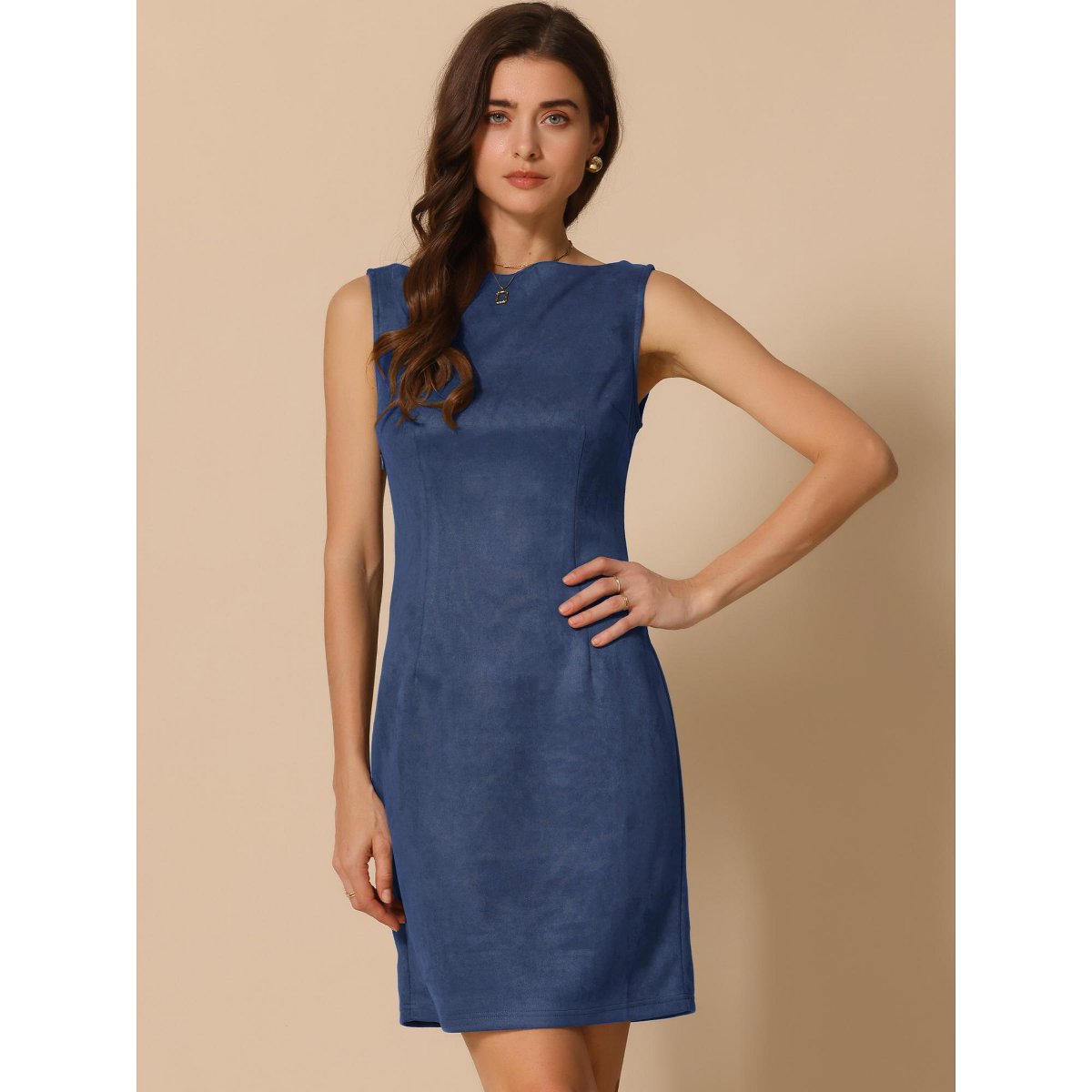 Женские платья INSPIRE CHIC Women's Faux Suede Boat Neck Sleeveless Sheath Dress Small Dark Blue — фото 4