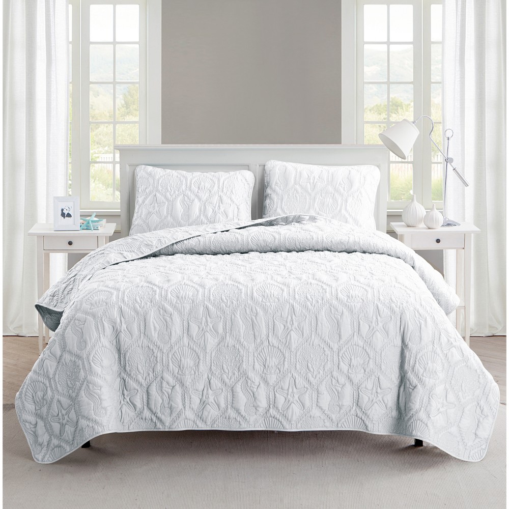 Photos - Bed Linen 3pc Queen Shore Quilt Set White - VCNY HOME: Embroidered Coastal Bedspread