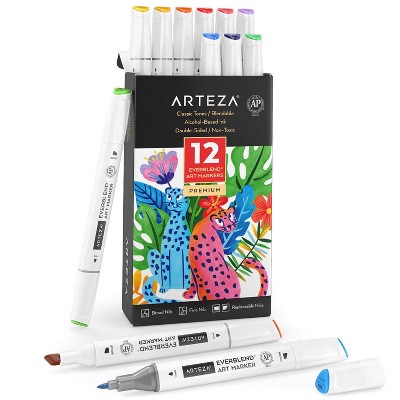 Arteza Professional Everblend Dual Tip Ultra Artist Brush Sketch Markers, Classic Colors, Replaceable Tips - 12 Pack (ARTZ-2033)
