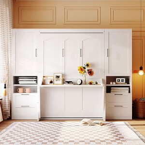 TIRAMISUBEST Full Size Murphy Bed with Closets, Drawers and Shelves, Multi-functional Folding Wall Bed with Narrow Desk - 1 of 4