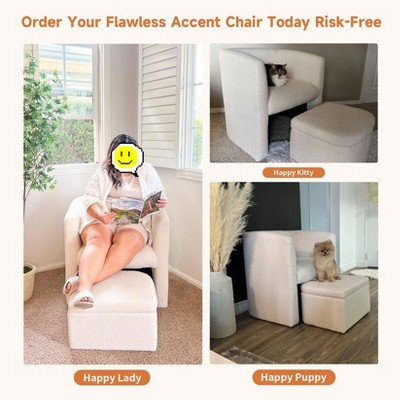 Cream Velvet Barrel Accent Chair with Storage Ottoman