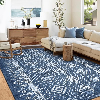 8x10 Gray/Blue Area Rug - Modern washable geometric carpet with non-slip backing for living spaces