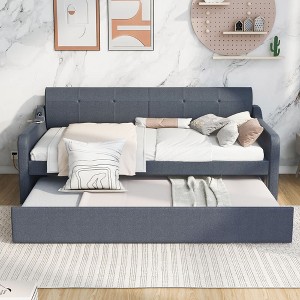 PAGED Twin Size Upholstered Daybed Wooden Bed Frame with Adjustable Trundle for Bedroom and Living Room - 1 of 4