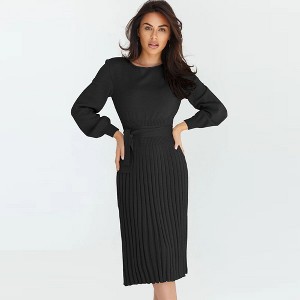 Coolmee Women's Fall Crew Neck Sweater Dress Tie Waist  Long Sleeve Casual Loose Dress Ribbed Knit A Line Midi Dresses - 1 of 3