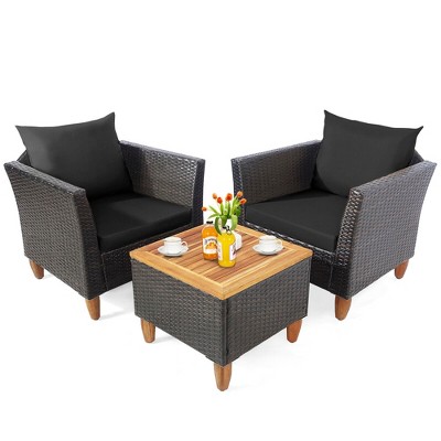 Tangkula 3PCS Patio Furniture Set Conversation Bistro Set w/ Acacia Wood & Cushions Black