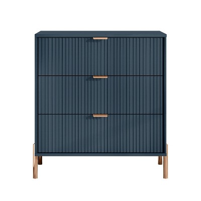 Festivo 3 Drawer Nightstand Navy: Scandinavian Modern Style, MDF Construction, Storage Solution with Anti-Tip Hardware