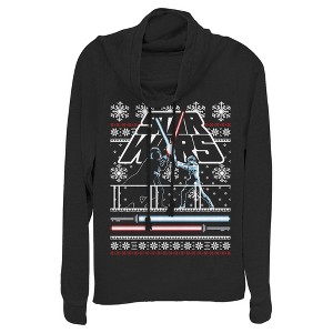 Juniors Womens Star Wars Ugly Christmas Light Saber Battle Cowl Neck Sweatshirt - 1 of 3