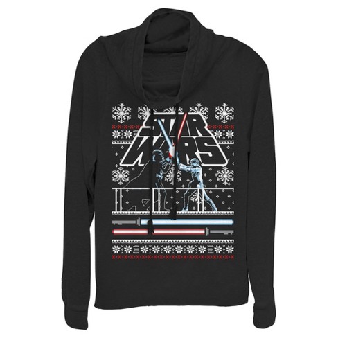 Juniors Womens Star Wars Ugly Christmas Light Saber Battle Cowl Neck Sweatshirt Black X Small