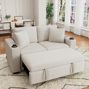 Pull-out Sofa Bed Loveseat Couch Chaise Lounge Sleeper Sofa Bed 2-seater Sofa Chair with Cup Holders & USB Ports - ModernLuxe - 1 of 4