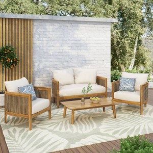 Burchett Outdoor Acacia Wood 4 Seater Chat Set with Cushions: Wicker Accents, UV-Resistant - Christopher Knight Home - 1 of 4