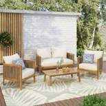 Burchett Outdoor Acacia Wood 4 Seater Chat Set with Cushions - Teak/Brown/Beige - Christopher Knight Home
