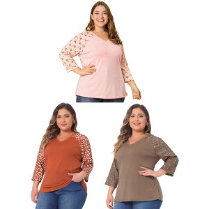 Agnes Orinda Women's Plus Size Floral Print V Neck 3/4 Sleeve Raglan Packs Oversize Peasant Tops - 1 of 4