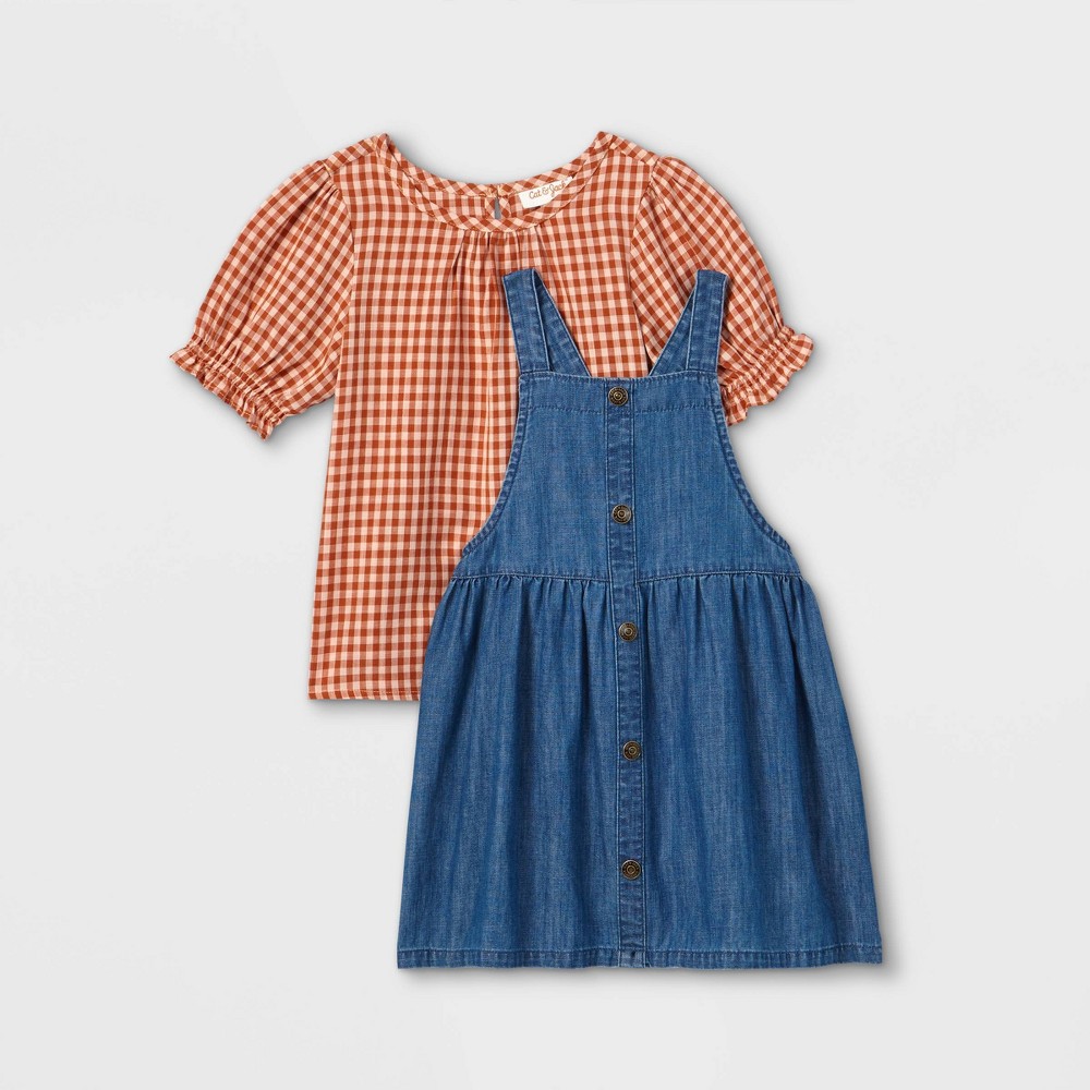 Toddler Girls' Plaid Top & Chambray Skirtall Set - Cat & Jack Orange/Blue 4T