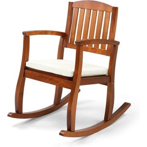 VINGLI Patio Rocking Chair with Cushion, Wood Rocking Bench with Comfortable Backrest, Heavy Duty 450 LBS Rocking Chair - 1 of 4