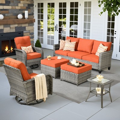 XIZZI Outdoor Rattan Sectional Sofa Set, Modular Patio Lounge Set w/ Swivel Chairs, Side Table & Optional 3-Seat Sofa/Ottomans/Firepit/Coffee Table