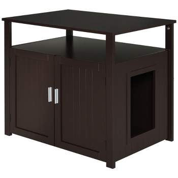 PawHut Wooden Cat Litter Box Enclosure Furniture with Adjustable Interior Wall & Large Tabletop for Nightstand