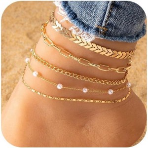 14K Gold Plated Ankle Bracelets Sets For Women, Adjustable Layered Anklet - 1 of 4