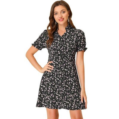 Allegra K Women's Floral Ruffle Neck Puff Short Sleeve Chiffon Mini Dress