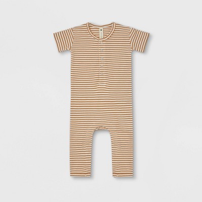 Q by Quincy Mae Baby Ribbed Striped Short Sleeve Romper - Ivory 0-3M