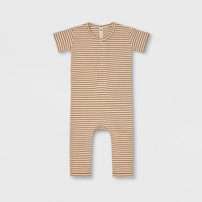 Image of Q by Quincy Mae Baby Ribbed Striped Short Sleeve Romper - Ivory 6-12M