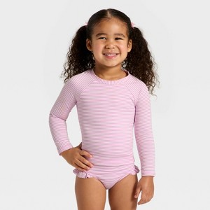 Toddler Girls' Long Sleeve Two Piece Ribbed Rash Guard Swimsuit Set - Cat & Jack™ Pink - 1 of 3